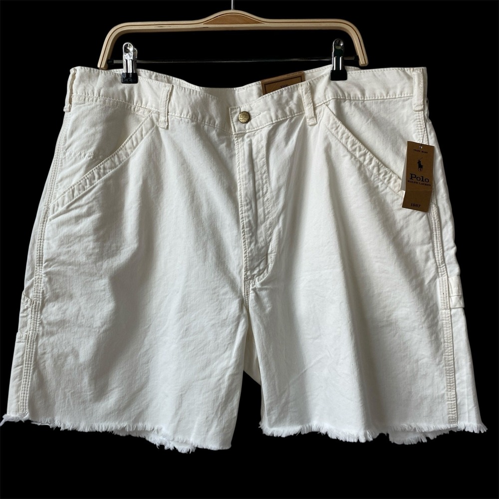 Polo Ralph Lauren Dungaree Shorts Men Sz 40 White Carpenter Fray Hem Relaxed Fit